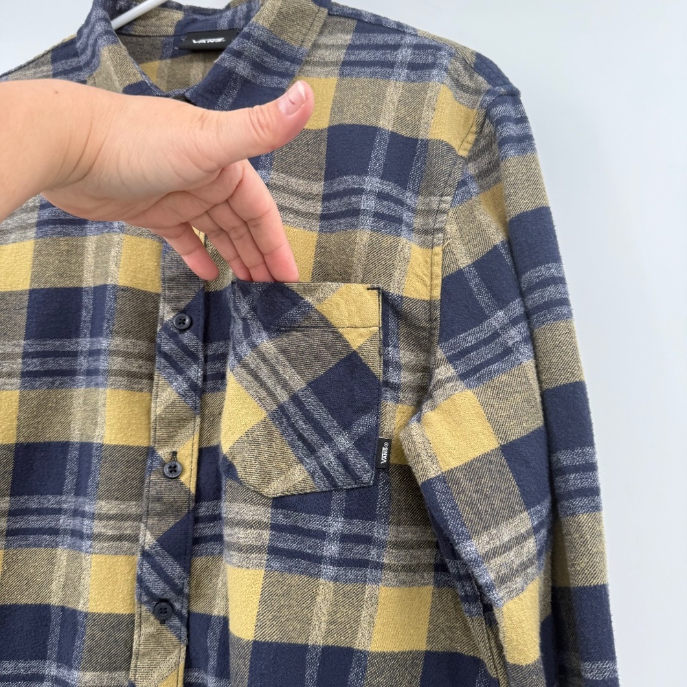 Vans Shirt Men Medium Yellow Blue Plaid Flannel Long Sleeve Button Up Cotton - Picture 5 of 12